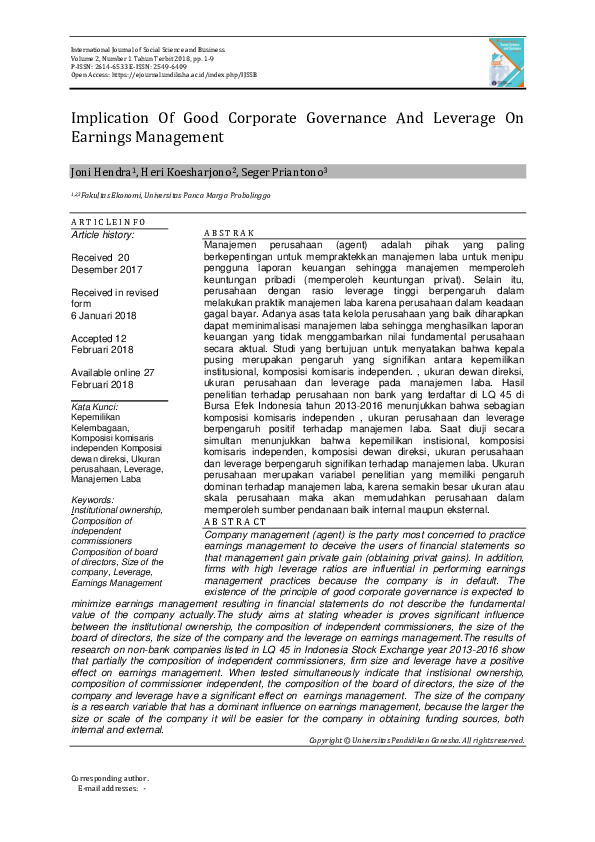 (PDF) Implication of good corporate governance and leverage on earnings ...