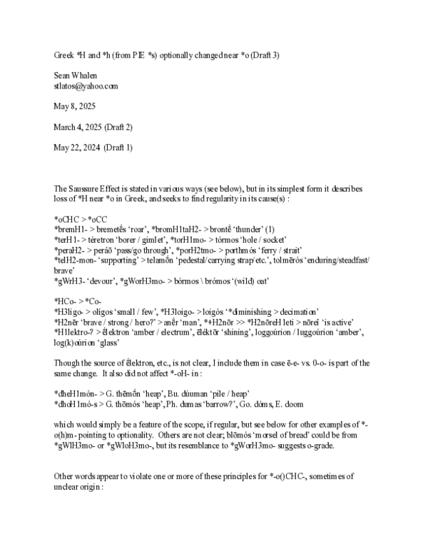 First page of “Greek *H and *h (from PIE *s) optionally changed near *o (Draft)”