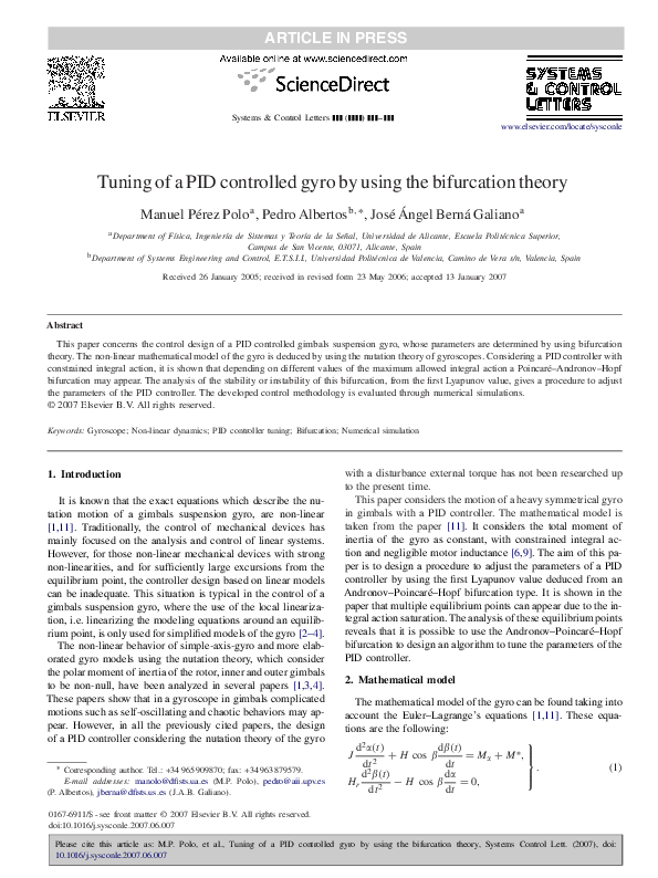 (PDF) Tuning of a PID controlled gyro by using the bifurcation theory