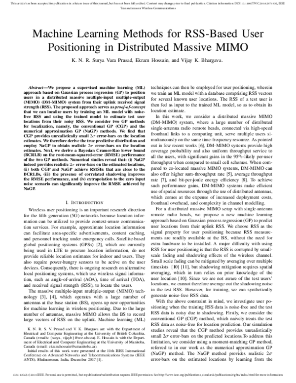 (PDF) Machine Learning Methods for RSS-Based User Positioning in ...