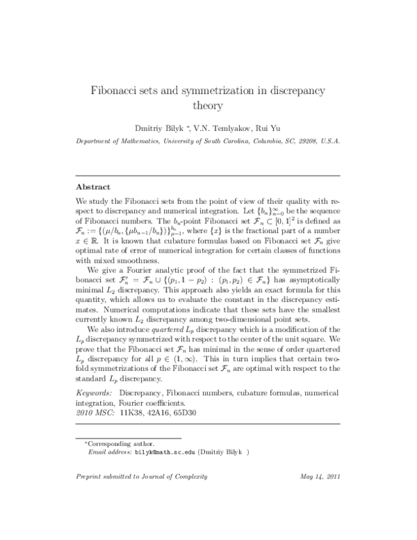 (PDF) Fibonacci sets and symmetrization in discrepancy theory
