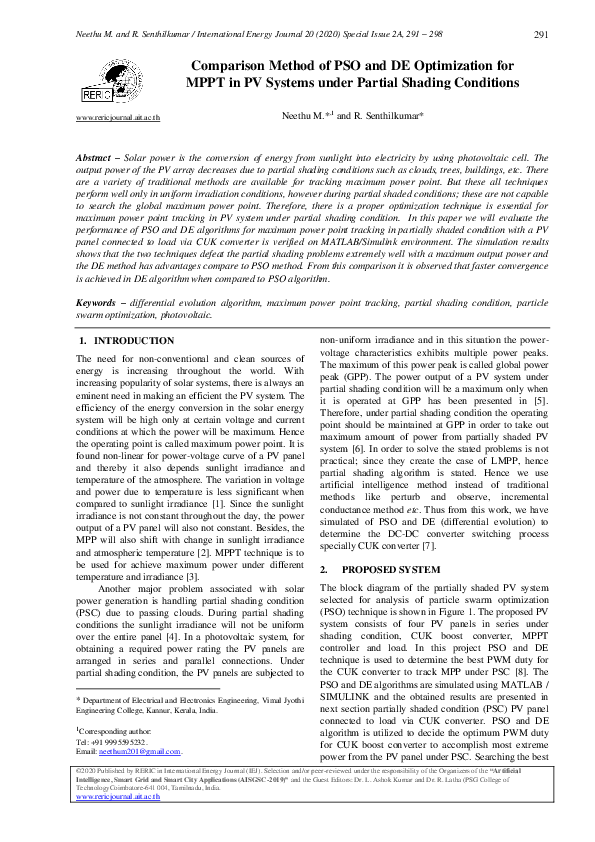 (PDF) Comparison Method of PSO and DE Optimization for MPPT in PV ...
