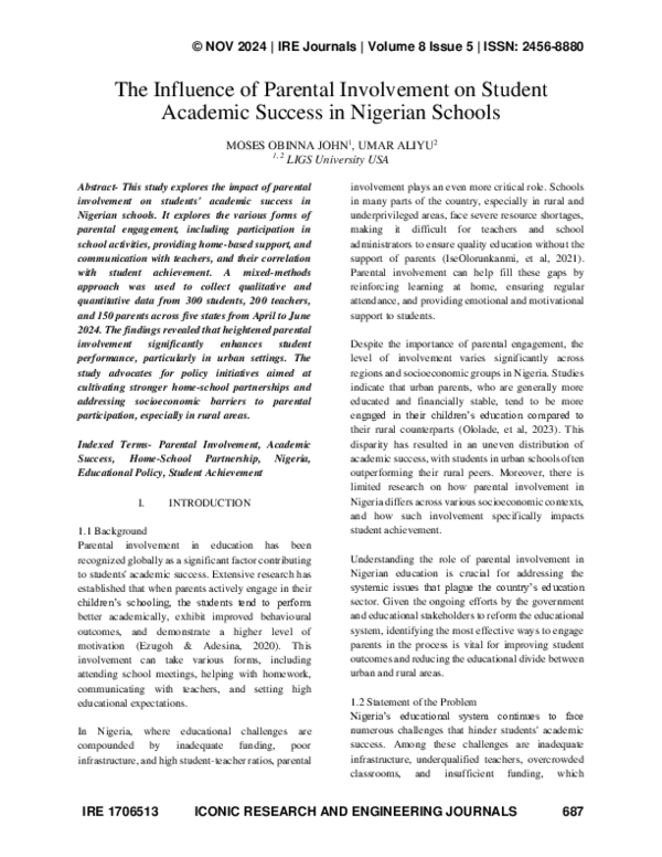 (PDF) The Influence of Parental Involvement on Student Academic Success ...