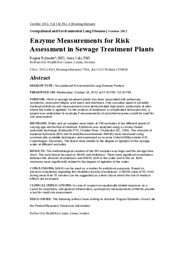 (PDF) Enzyme Measurements for Risk Assessment in Sewage Treatment Plants
