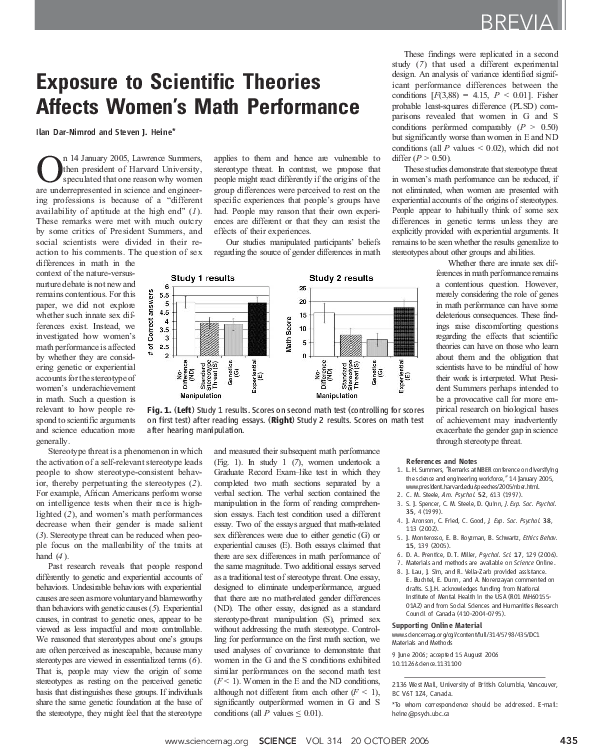 (PDF) Exposure to Scientific Theories Affects Women's Math Performance