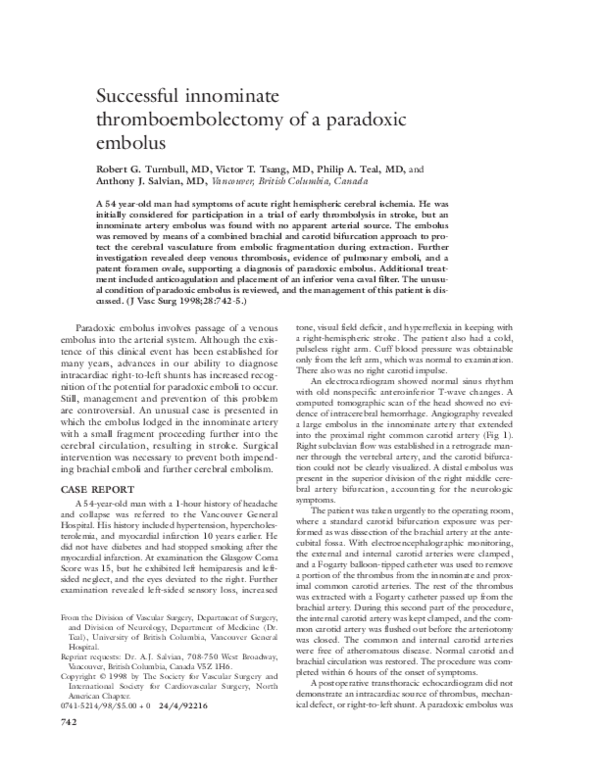 (PDF) Successful innominate thromboembolectomy of a paradoxic embolus