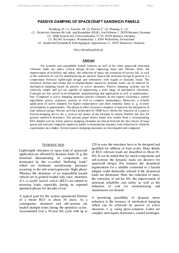 (PDF) Passive Damping of Spacecraft Sandwich Panels