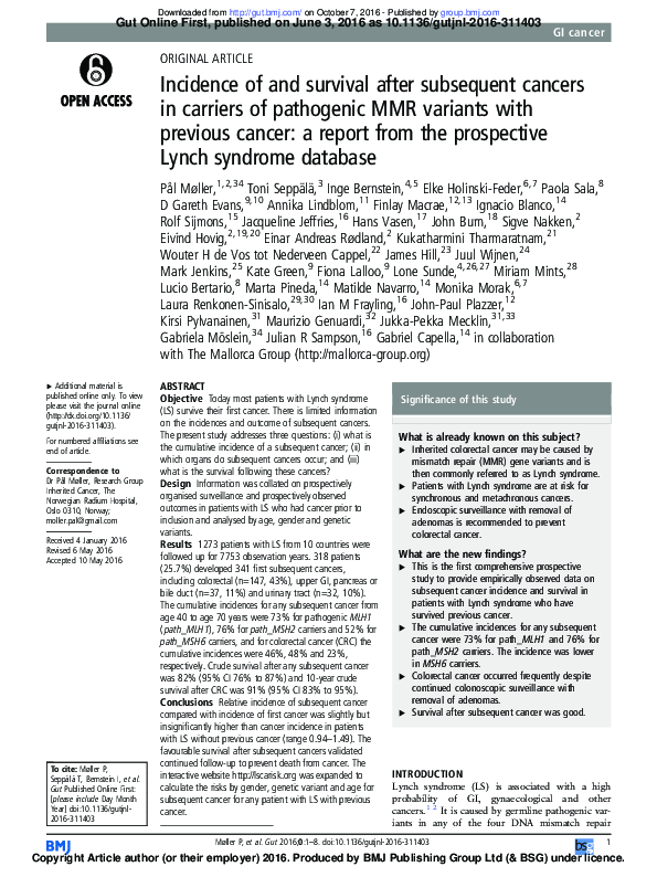 (PDF) Incidence of and survival after subsequent cancers in carriers of ...