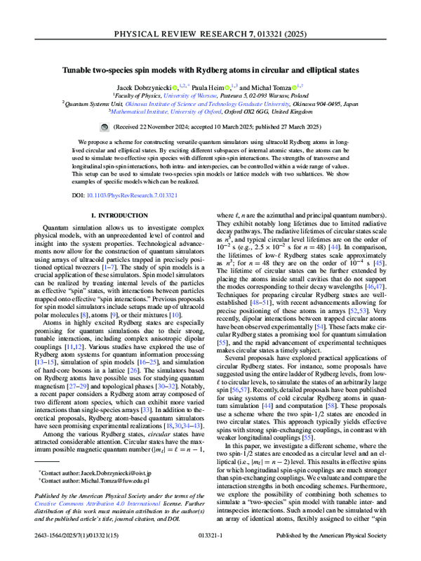 (PDF) Tunable two-species spin models with Rydberg atoms in circular ...