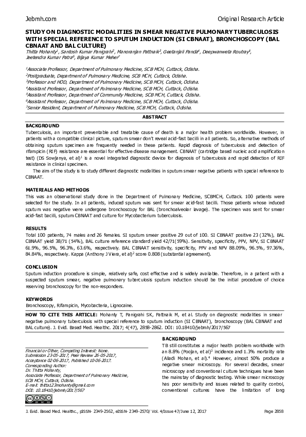 (PDF) Study on Diagnostic Modalities in Smear Negative Pulmonary ...