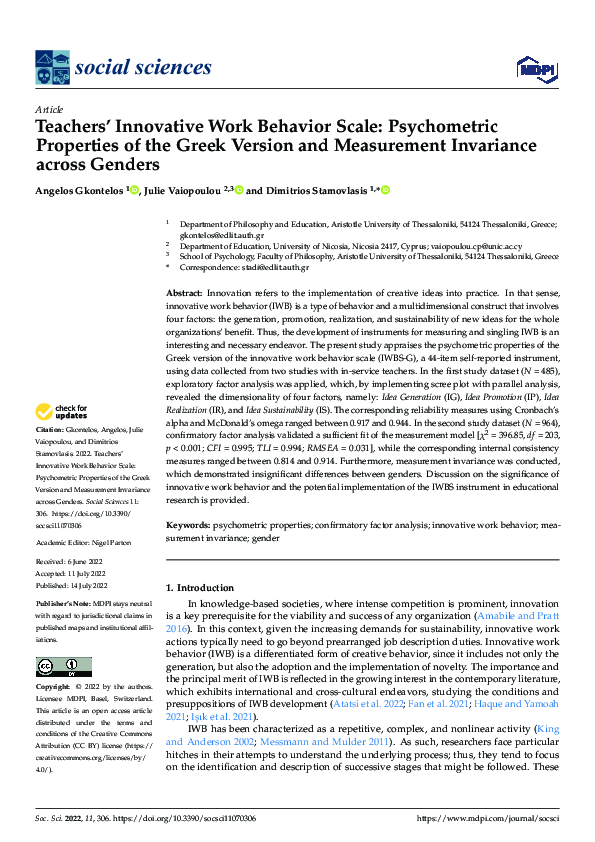(PDF) Teachers’ Innovative Work Behavior Scale: Psychometric Properties ...