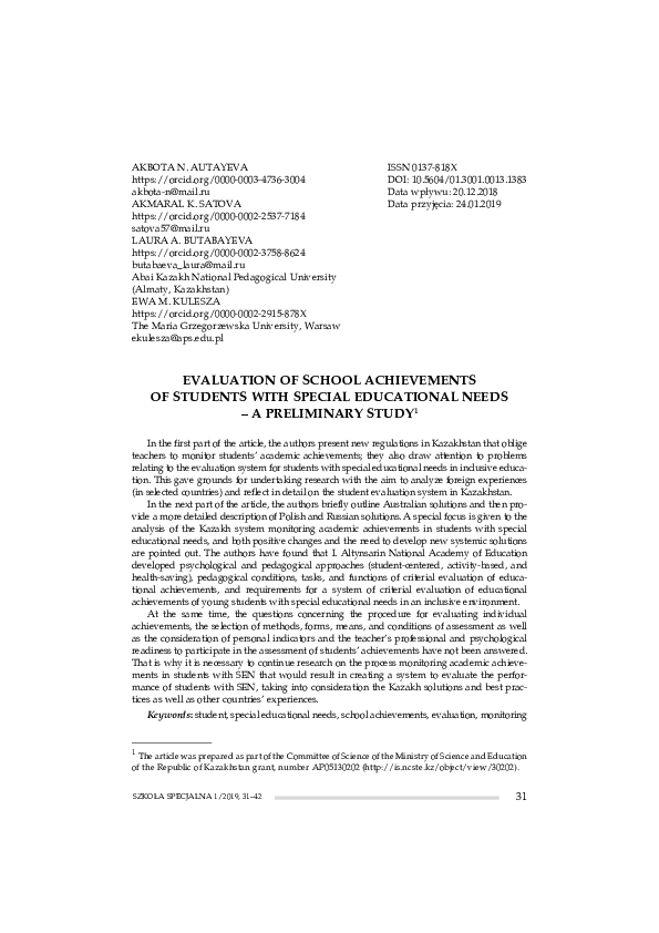 (PDF) Evaluation of school achievements of students with special ...