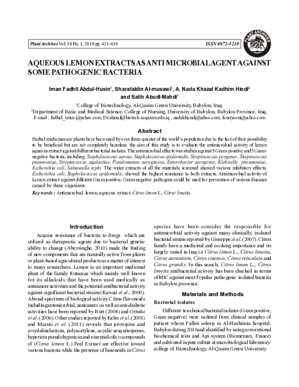 (PDF) Aqueous Lemon Extracts as Anti Microbial Agent Against Some ...
