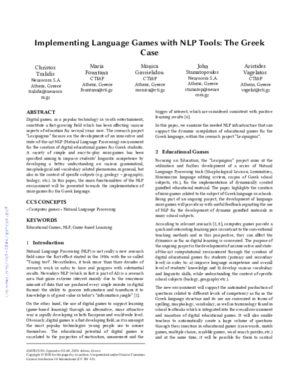 (PDF) Implementing Language Games with NLP Tools: The Greek Case (short ...