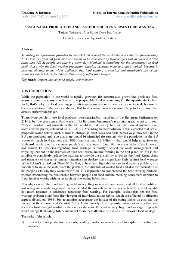 (PDF) Sustainable Production and Use of Resources Versus Food Wasting
