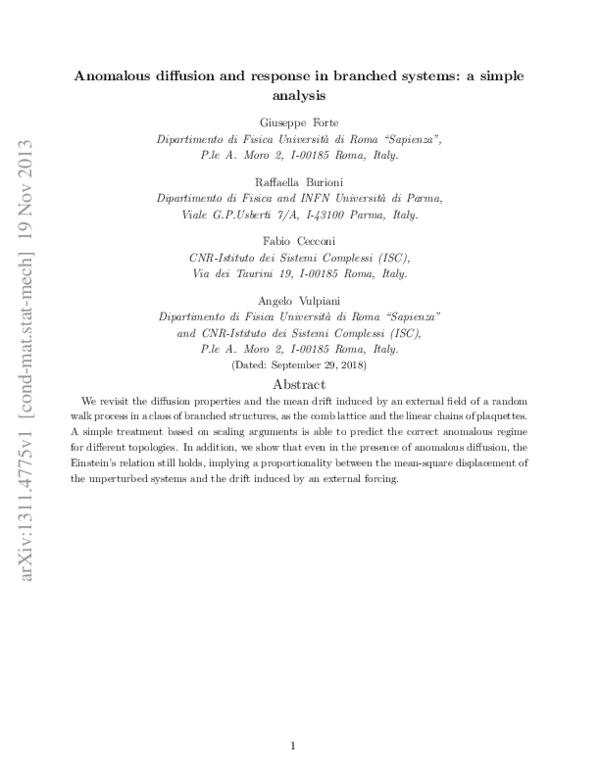 (PDF) Anomalous diffusion and response in branched systems: a simple ...