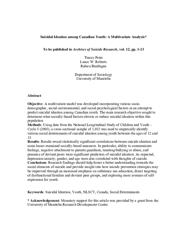 (PDF) Suicidal Ideation among Canadian Youth: A Multivariate Analysis