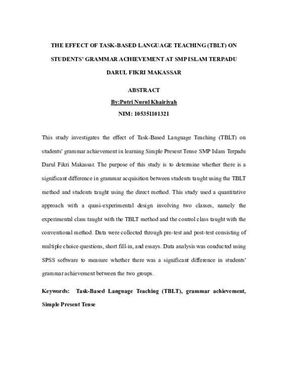 (PDF) THE EFFECT OF TASK-BASED LANGUAGE TEACHING (TBLT) ON STUDENTS ...