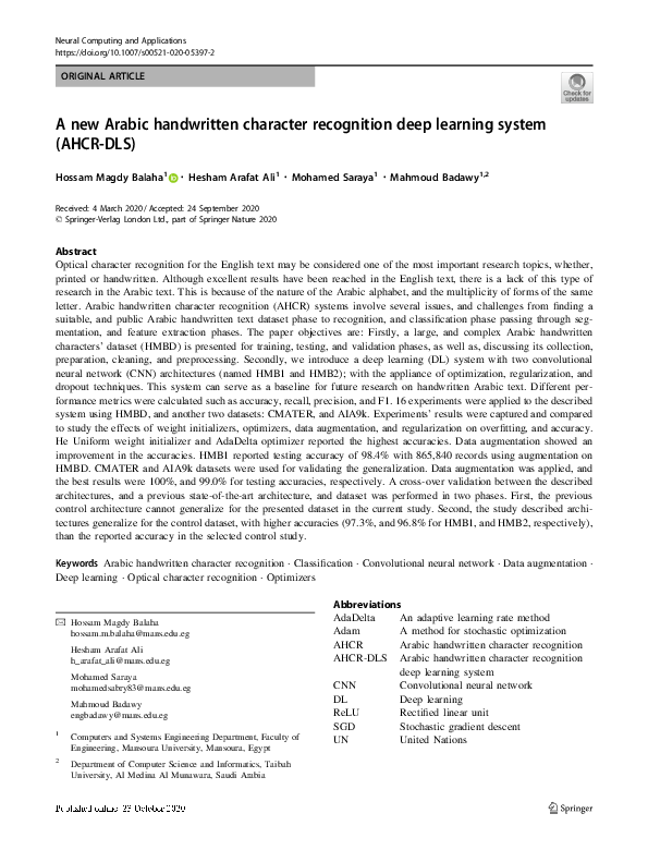 (PDF) A new Arabic handwritten character recognition deep learning ...