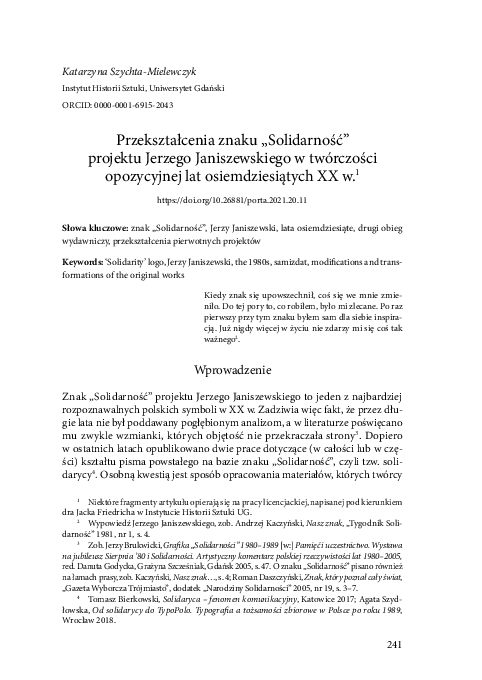 First page of “Przekształcenia znaku „Solidarność” projektu Jerzego Janiszewskiego w twórczości opozycyjnej lat osiemdziesiątych XX w”