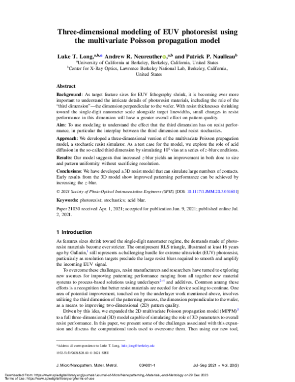 (PDF) Three-dimensional modeling of EUV photoresist using the ...