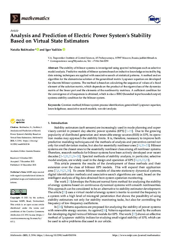 (PDF) Analysis and Prediction of Electric Power System’s Stability ...