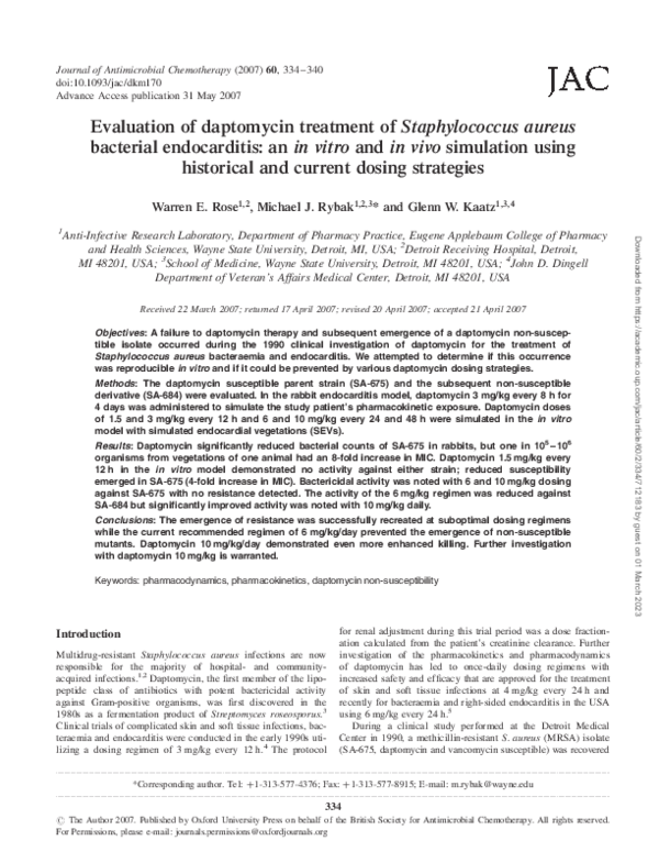 (PDF) Evaluation of daptomycin treatment of Staphylococcus aureus ...