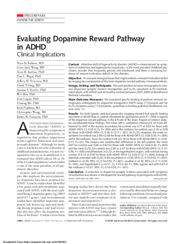 (PDF) Evaluating Dopamine Reward Pathway in ADHD
