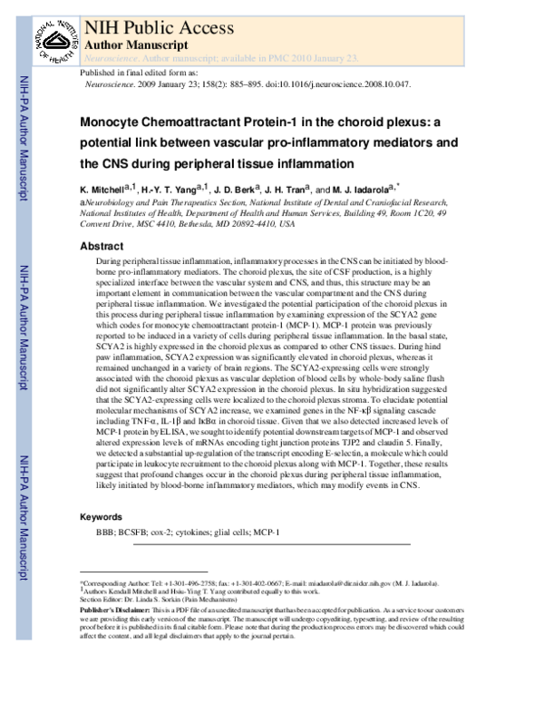 (PDF) Monocyte chemoattractant protein-1 in the choroid plexus: A ...