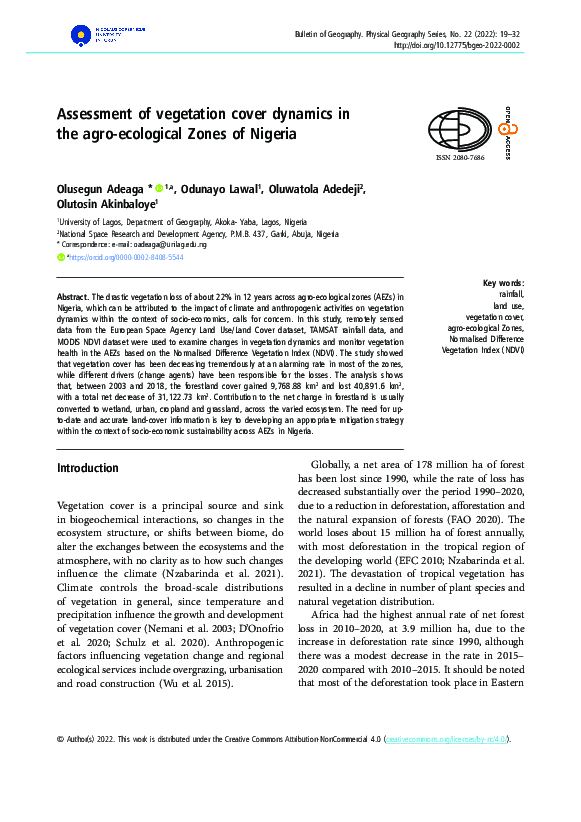 (PDF) Assessment of vegetation cover dynamics in the agro-ecological ...