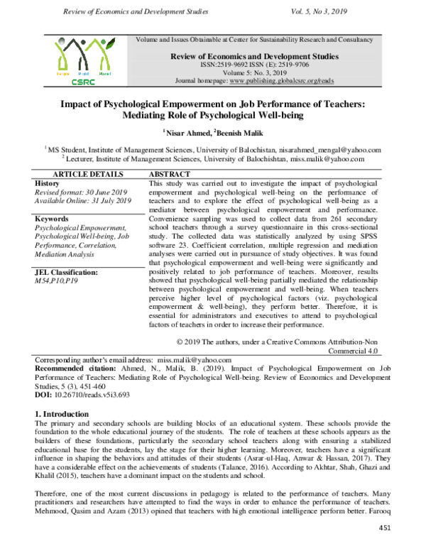 (PDF) Impact of Psychological Empowerment on Job Performance of ...