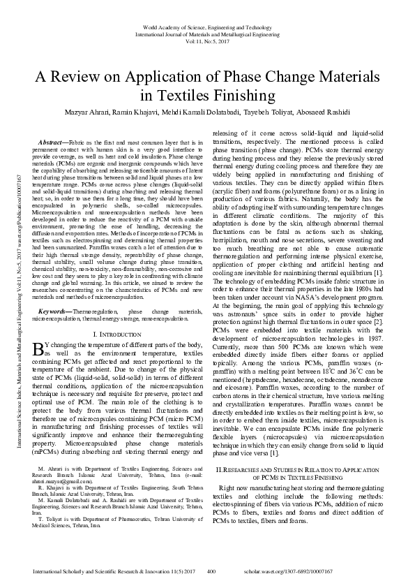 (PDF) A Review On Application Of Phase Change Materials In Textiles ...