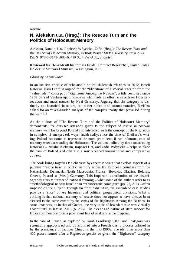 (PDF) Review of Natalia Aleksiun, Raphael Utz, and Zofia Wóycicka, 