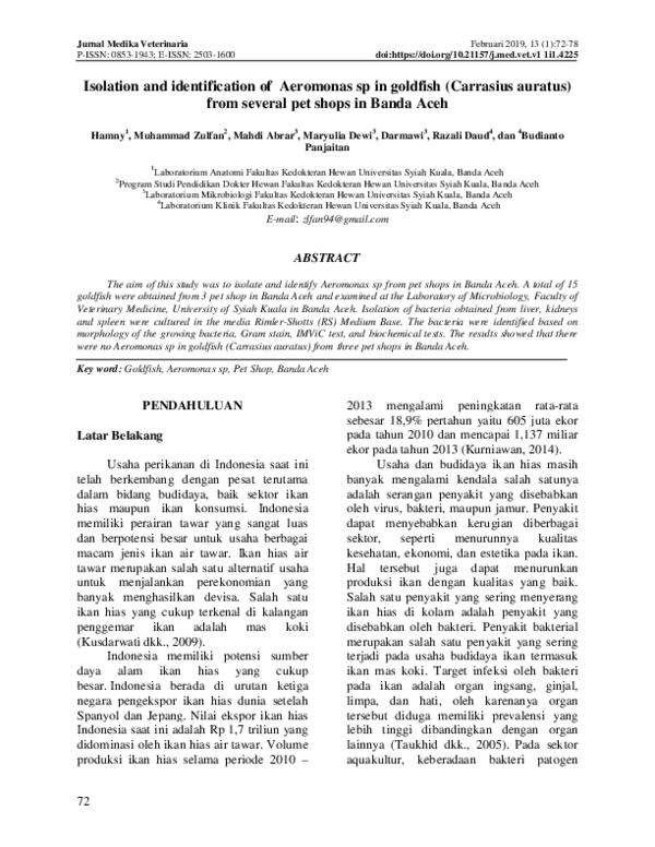 (PDF) 10. Isolation and identification of Aeromonas sp in goldfish ...