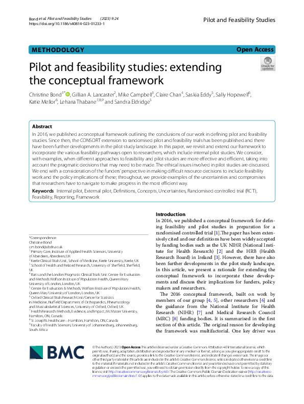 (PDF) Pilot and feasibility studies: extending the conceptual framework