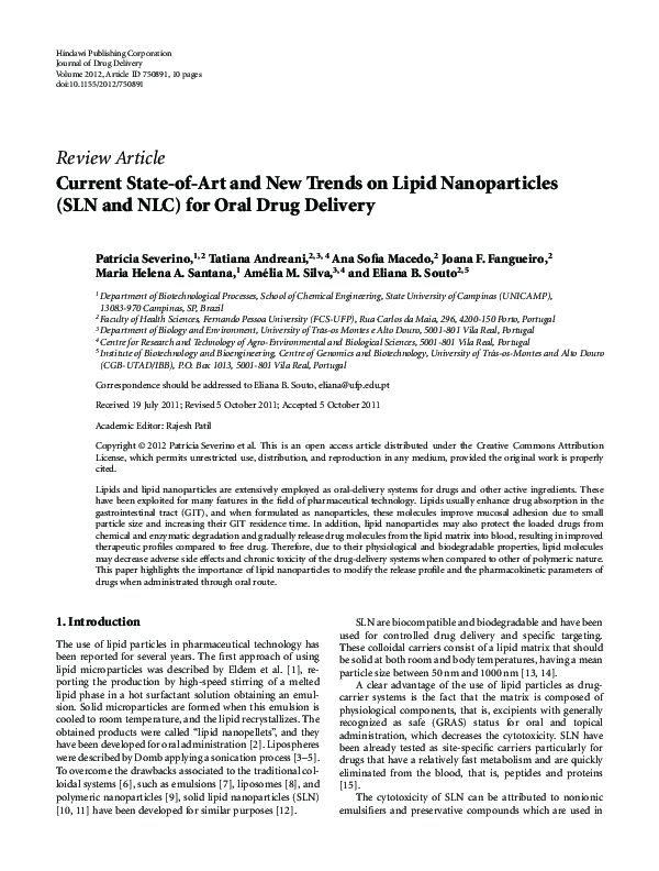 (PDF) Current State-of-Art and New Trends on Lipid Nanoparticles (SLN ...