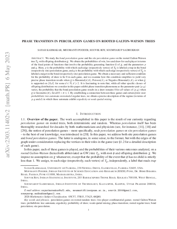 (PDF) Percolation games on rooted regular trees and ergodicity of ...