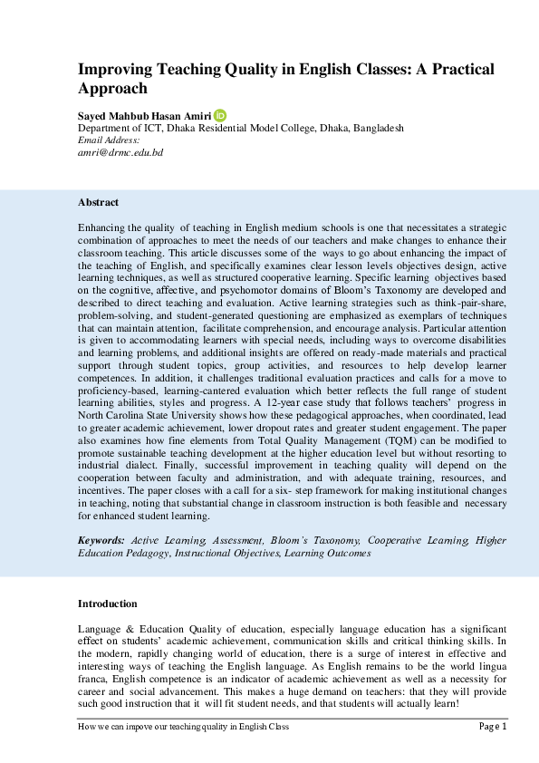 (PDF) Improving Teaching Quality in English Classes: A Practical Approach
