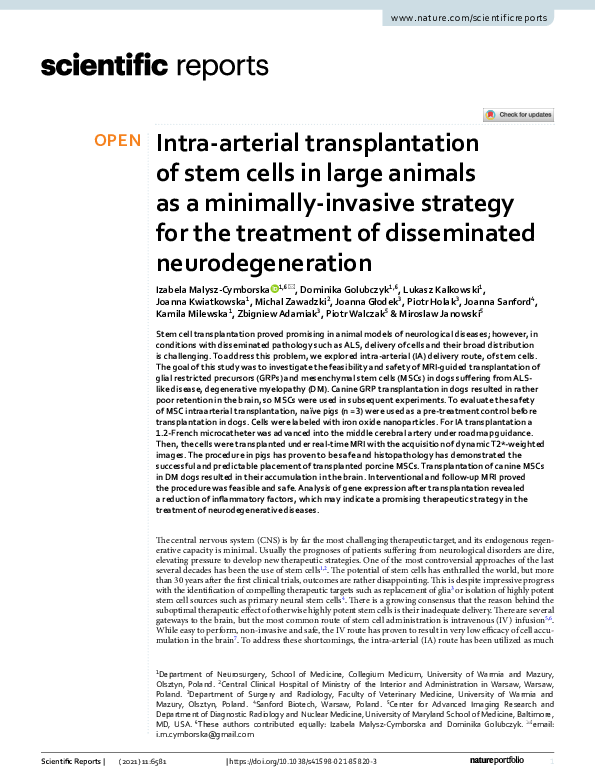 (PDF) Intra-arterial transplantation of stem cells in large animals as ...
