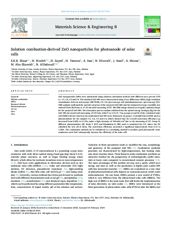 (PDF) Solution combustion-derived ZnO nanoparticles for photoanode of ...
