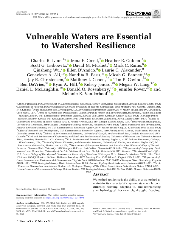 (PDF) Vulnerable Waters are Essential to Watershed Resilience
