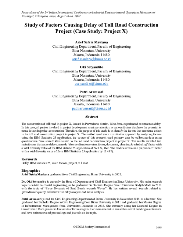 (PDF) Study of Factors Causing Delay of Toll Road Construction Project ...