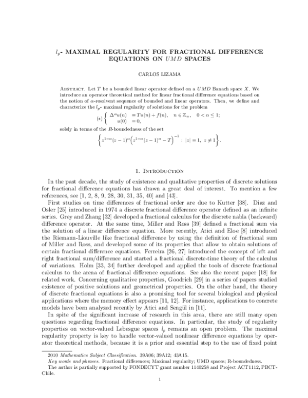(PDF) lp-maximal regularity for fractional difference equations on UMD ...