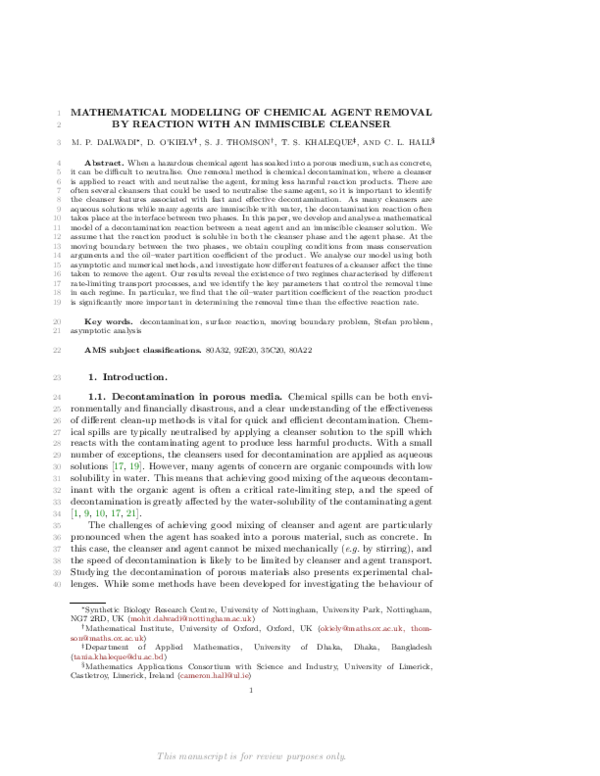 (PDF) Mathematical Modeling of Chemical Agent Removal by Reaction with ...