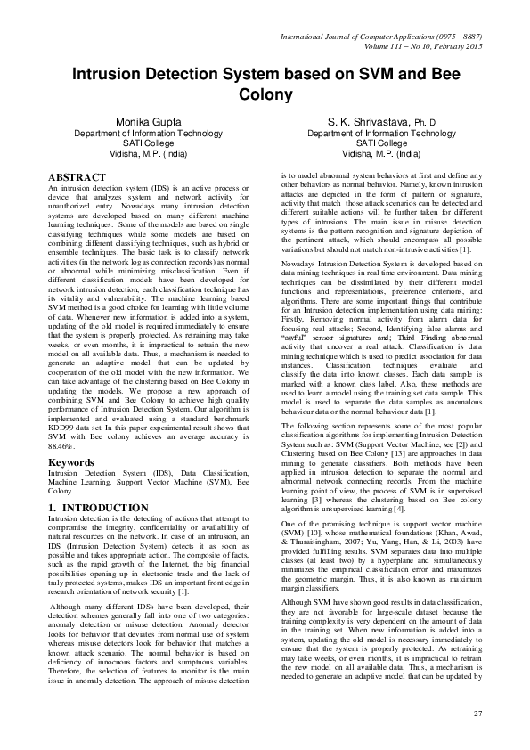 (PDF) Intrusion Detection System based on SVM and Bee Colony
