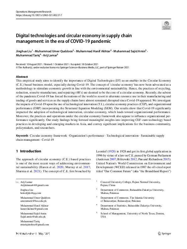 (PDF) Digital technologies and circular economy in supply chain ...