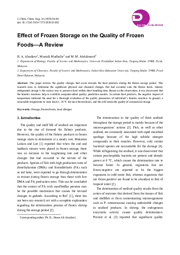 (PDF) Effect of Frozen Storage on the Quality of Frozen Foods—A Review