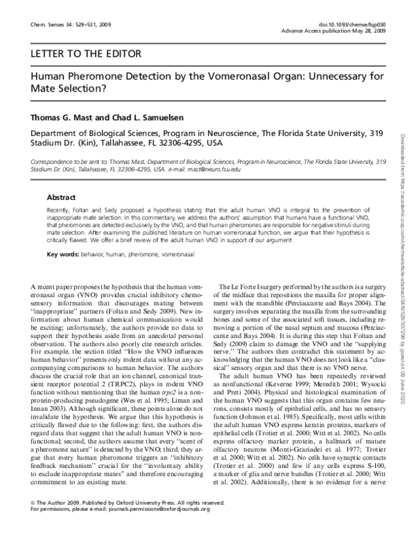 (PDF) Human Pheromone Detection by the Vomeronasal Organ: Unnecessary ...