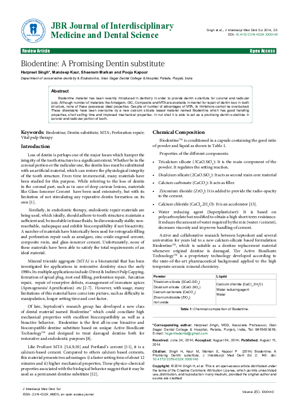 (PDF) Biodentine: A Promising Dentin substitute