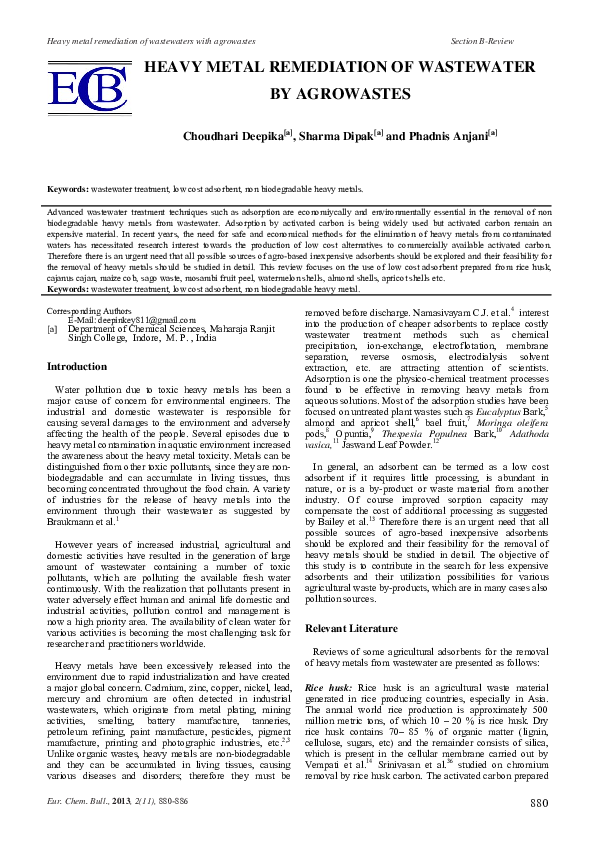 (PDF) Heavy Metal Remediation of Wastewater by agro wastes – A Review